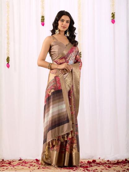 Rajwada Dark Cream Silk Blend Printed Saree For Women