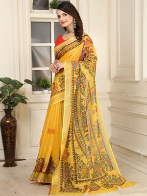 Rajwada Yellow Cotton Linen Solid Printed Saree For Women
