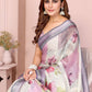 Rajwada Off White Cotton Linen Solid Printed Saree For Women