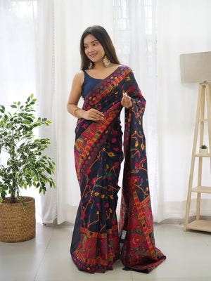 Rajwada Navy Blue Silk Blend Woven Saree For Women