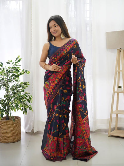 Rajwada Navy Blue Silk Blend Woven Saree For Women