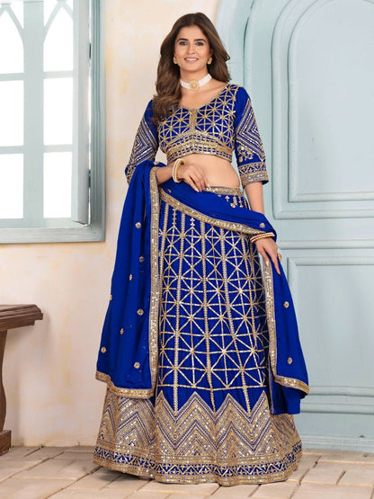 Rajwada Blue Chinon Sequence Embroidered Semi-Stitched Lehenga For Women