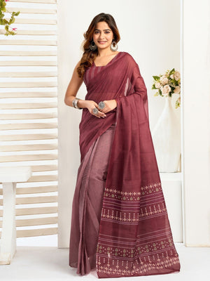Rajwada Dark Mauve Cotton Linen Zari Work Saree For Women