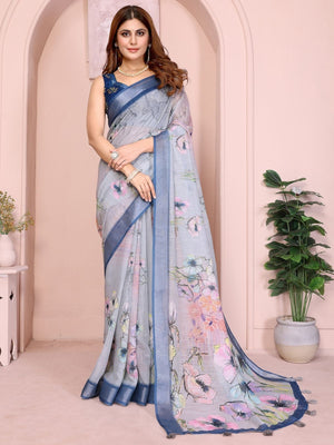 Rajwada Sky Blue Cotton Linen Printed Saree For Women