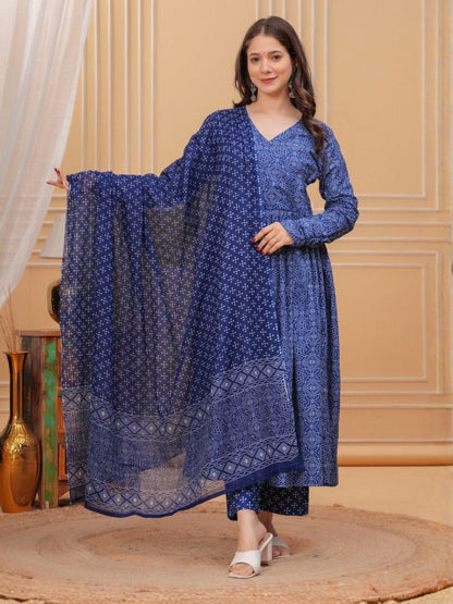 Rajwada Navy Blue Rayon Printed Stitched Kurta Set For Women