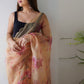 Rajwada Cream Organza Printed Saree With Unstitched Blouse For Women