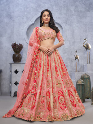 Rajwada Pink Organza Embellished Semi-Stitched Lehenga With Unstitched Blouse For Women
