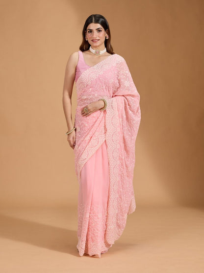 Rajwada Light Pink Georgette Embroidered Solid Saree For Women