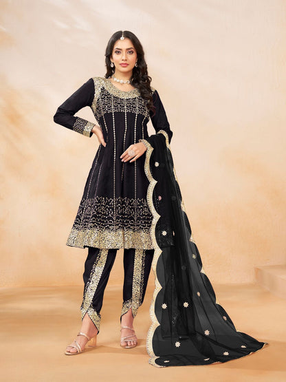 Rajwada Black Art Silk Embellished Semi Stitched Kurta Set For Women