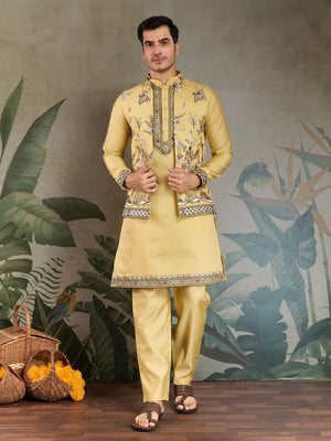 Rajwada Yellow Viscose Silk Embroidered Stitched Kurta Set For Men