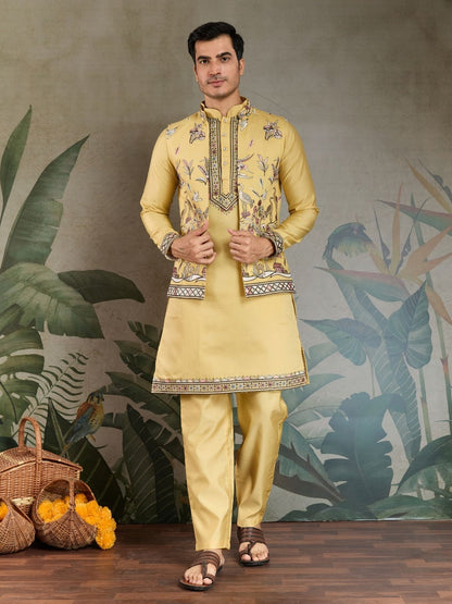 Rajwada Yellow Viscose Silk Embroidered Stitched Kurta Set For Men
