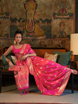 Rajwada Pink Silk Blend Woven Saree With Unstitched Blouse for Women