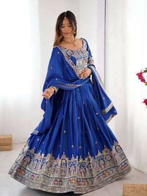 Rajwada Royal Blue Silk Blend Embroidered Semi-Stitched lehenga For Women