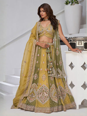 Rajwada Yellow Georgette Tissue Embroidered Semi-Stitched Lehenga For Women