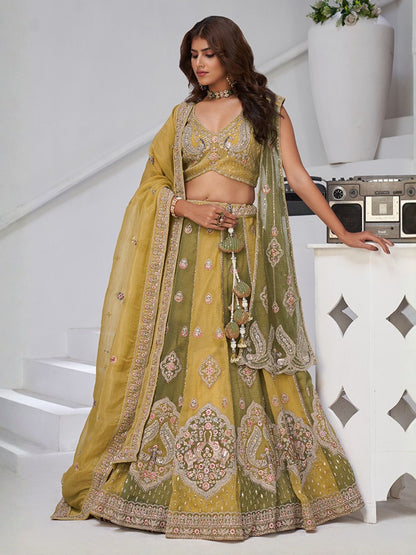 Rajwada Yellow Georgette Tissue Embroidered Semi-Stitched Lehenga For Women