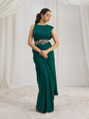Rajwada Green Organza Solid Ready To Wear Saree With Stitched Blouse For Women