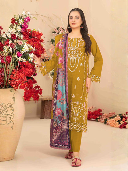 Rajwada Mustard Cotton Embroidered Semi-Stitched Kurta Set For Women
