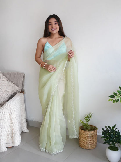 Rajwada Light Green Organza Embroidered Saree With Unstitched Blouse For Women