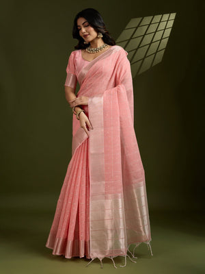 Rajwada Peach Silk Blend Woven Checked Saree For Women