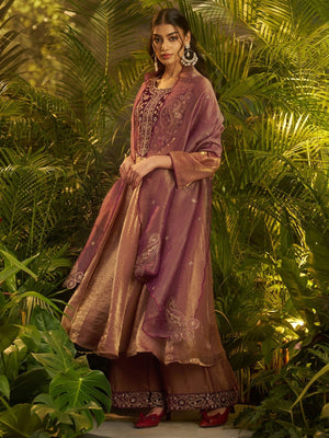 Rajwada Dusty Wine Organza Embroidered Kurta Set For Women