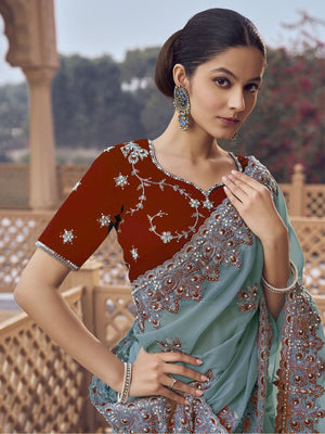 Rajwada Dusty Teal Georgette Embellished Elegant Saree For Women