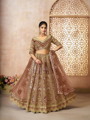 Rajwada Brown Banarasi Silk Embroidered Semi-Stitched Lehenga For Women