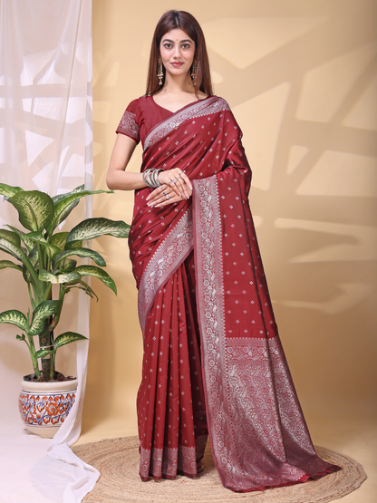 Rajwada Maroon Silk Blend Woven Saree For Women