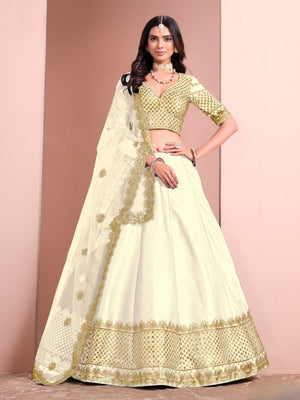 Rajwada Cream Art Silk Embellished Semi-Stitched lehenga For Women