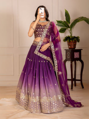 Rajwada Purple Ombre Silk Blend Embroidered Semi-Stitched lehenga For Women