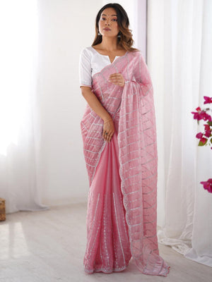 Rajwada Pink Chiffon Embellished Solid Saree For Women