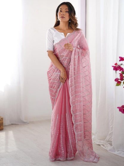 Rajwada Pink Chiffon Embellished Solid Saree For Women