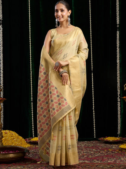 Rajwada Beige Cotton Blend Solid Saree For Women