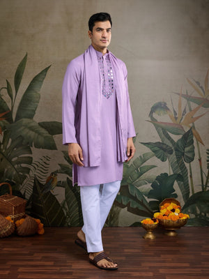 Rajwada Lavender Viscose Rayon Embellished Stitched Kurta For Men