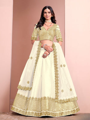Rajwada Cream Art Silk Embellished Semi-Stitched lehenga For Women