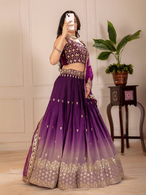 Rajwada Purple Ombre Silk Blend Embroidered Semi-Stitched lehenga For Women