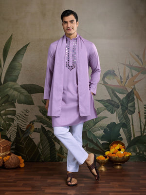 Rajwada Lavender Viscose Rayon Embellished Stitched Kurta For Men