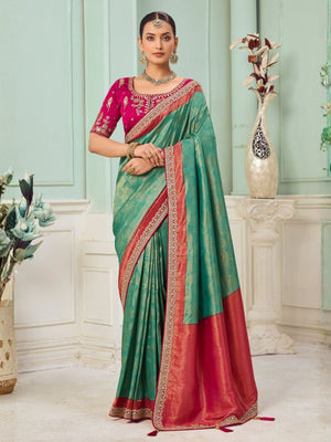Rajwada Green Satin Embroidered Saree For Women