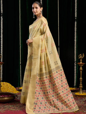 Rajwada Beige Cotton Blend Solid Saree For Women