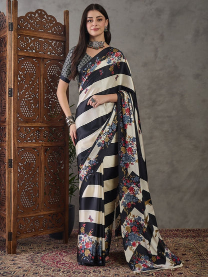 Rajwada Black And White Silk Blend Printed Elegant Saree For Women