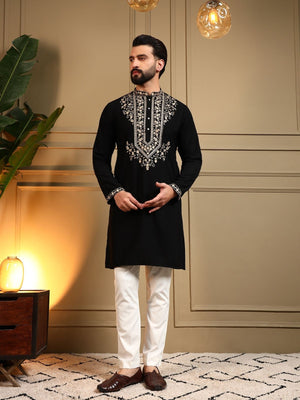 Rajwada Black Silk Blend Embroidered Kurta Set For Men