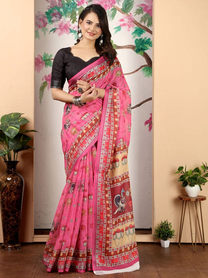 Rajwada Pink Cotton Linen Solid Printed Saree For Women