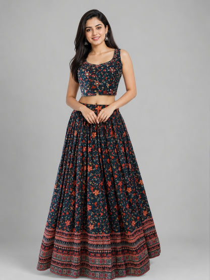Teal Blue Georgette Embellished Lehenga
