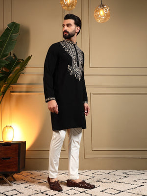 Rajwada Black Silk Blend Embroidered Kurta Set For Men