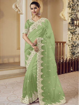 Rajwada Light Green Organza Embellished Elegant Saree For Women