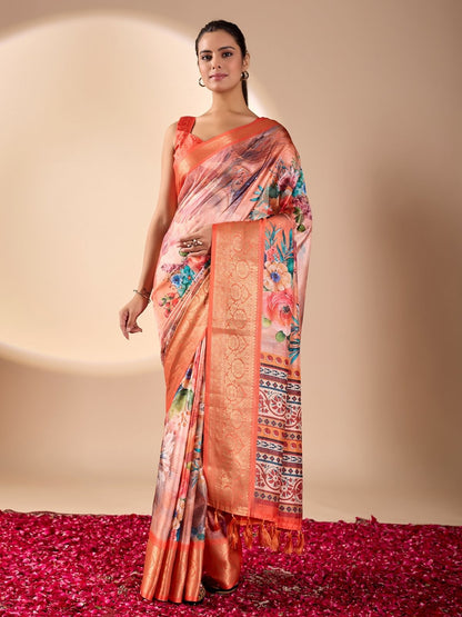 Rajwada Orange Silk Blend Printed Saree For Women