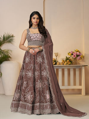 Rajwada Brown Silk Blend Embroidered Semi-Stitched Lehenga For Women