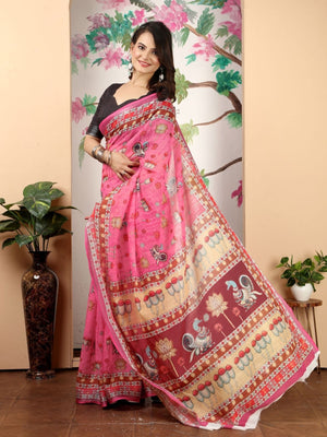 Rajwada Pink Cotton Linen Solid Printed Saree For Women