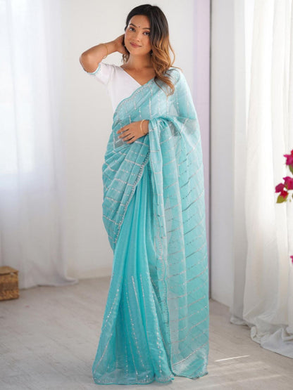 Rajwada Sky Blue Chiffon Embellished Solid Saree For Women