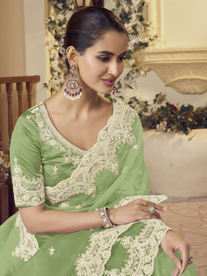 Rajwada Light Green Organza Embellished Elegant Saree For Women