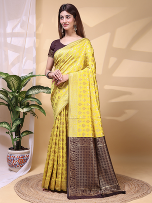 Rajwada Yellow Silk Blend Woven Saree For Women